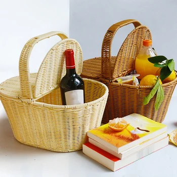 

Storage Basket Rattan Hand Basket with Lid Fruit Basket Hotel Cleaning Basket