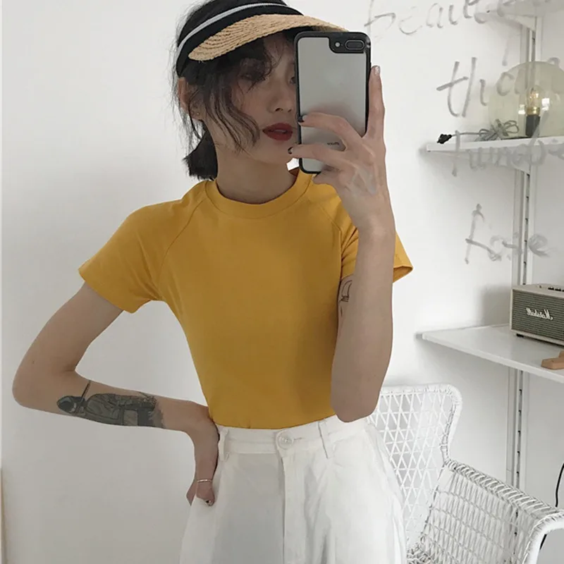 

Korean version slim slimming wild casual solid color half high collar short-sleeved T-shirt lady large size plus O-neck new