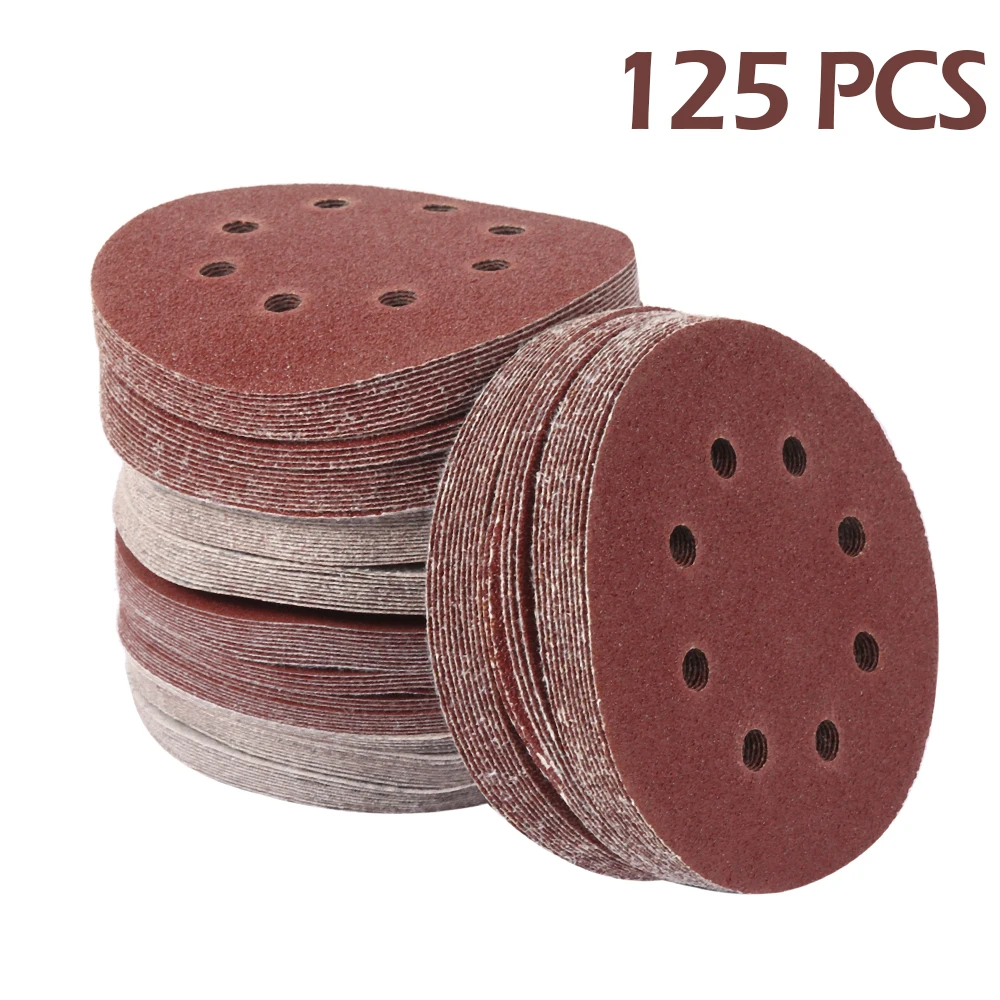 

125pcs 5inch 125mm Round Sandpaper Eight Hole Disk Sand Sheets Grit 40-240 Hook and Loop Sanding Disc Abrasives for Polish