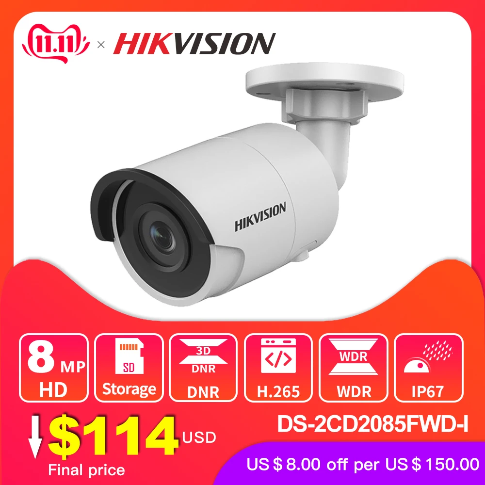 

Hikvision Original + OEM DS-2CD2085FWD-I 8MP IR Fixed Bullet IP Camera POE CCTV Network dome security camera IP67 IR30 3D DNR