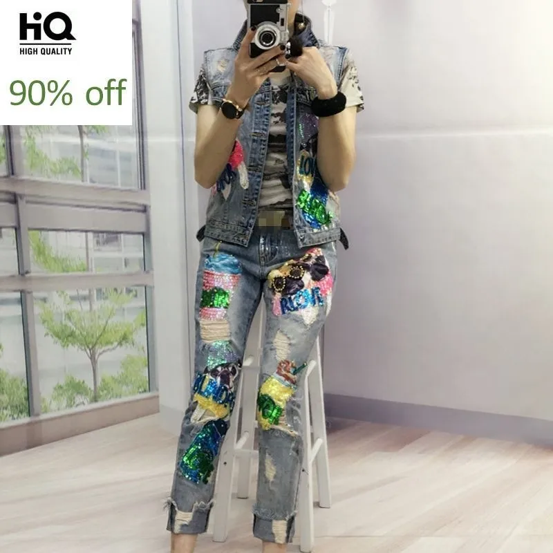 

2020 European New Fashion Women Sequined Button Embroidery Beading Hole Ripped Sets Female Sleeveless Punk Style Zipper Pants