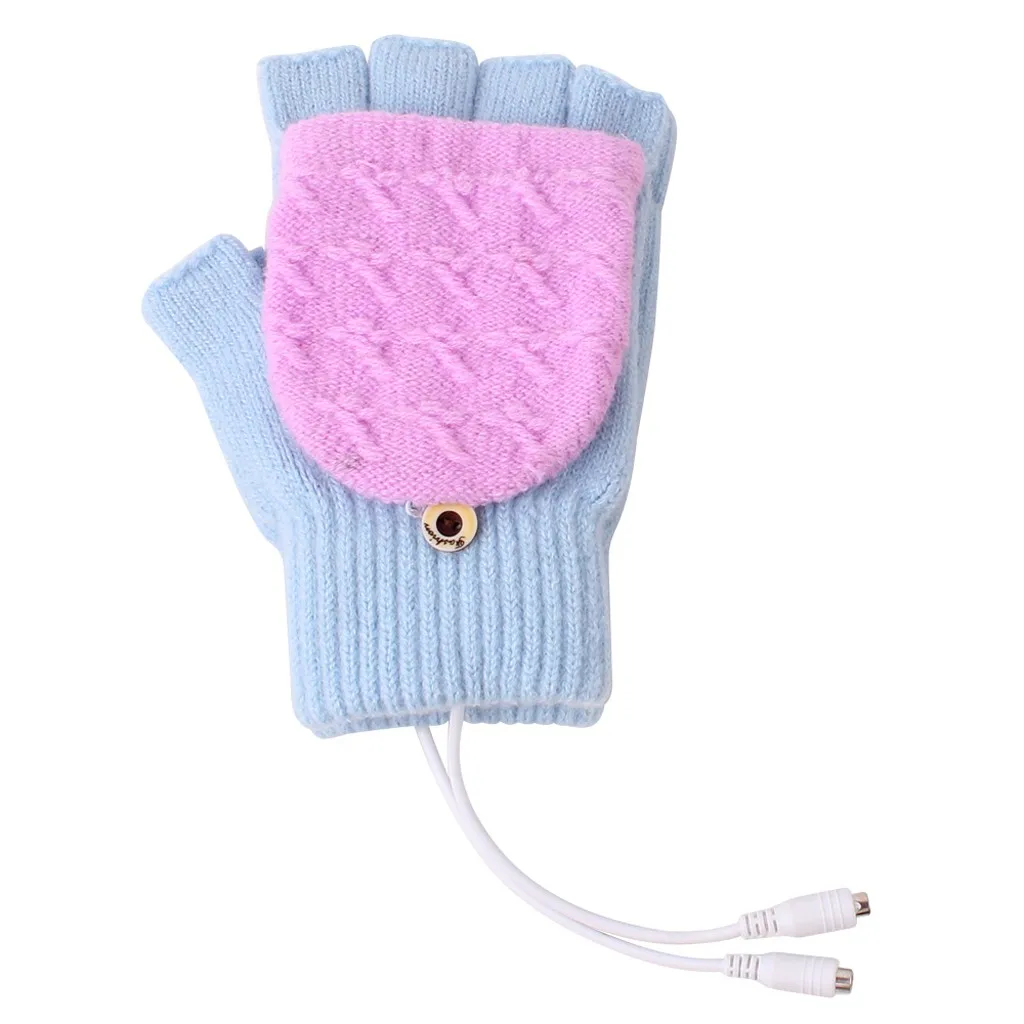 Winter USB Heated Gloves Women Half Finger Knitted Wool Warm Gloves Mittens Patchwork Female Ski Gloves Mittens