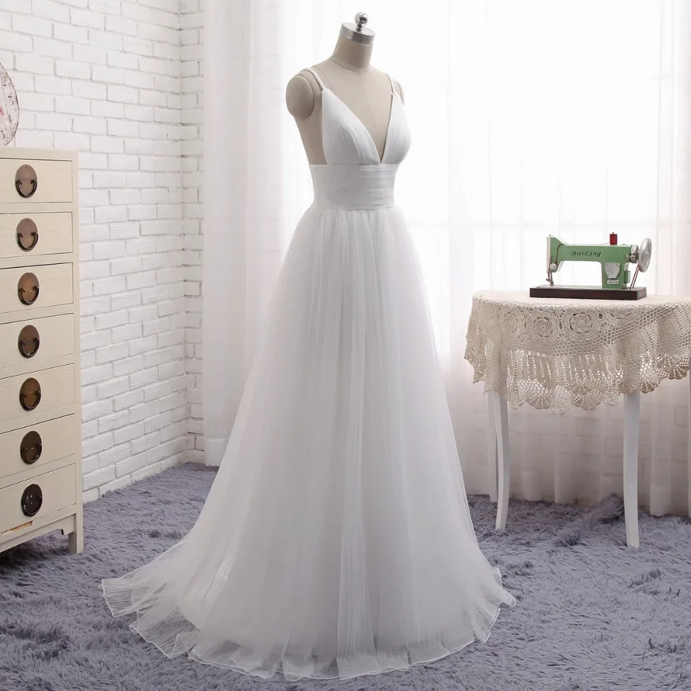 Beauty-Emily Sexy V-Neck Sling Evening Dress Long Tulle White Formal Dress Strapless Open Back Prom Gowns vestido de festa