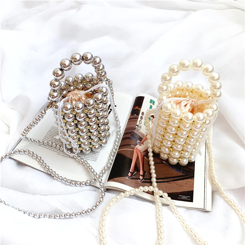 

Caker Brand 2019 Women Pearl Beaded Drawstring Handbag High Quality Summer Beach Bag