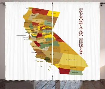 

White Multicolor California Curtains Educational Geographic Cartographic Written State Counties Printing Bedroom Window Drapes