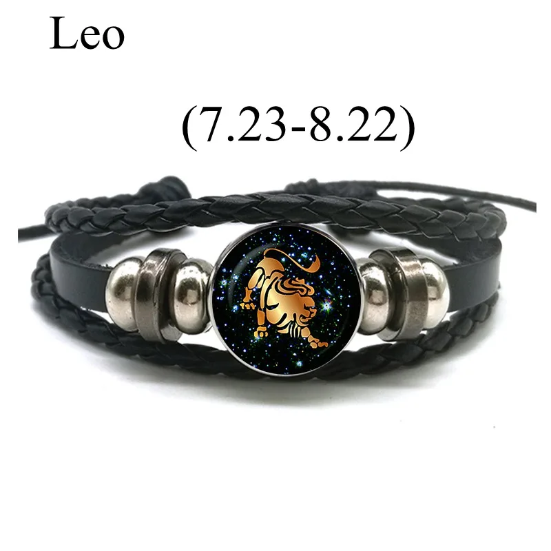 12 Zodiac Signs Leather Bracelet for Men Women Virgo Libra Scorpio Aries Taurus Braided Rope Bracelets Birthday Gift Wholesale