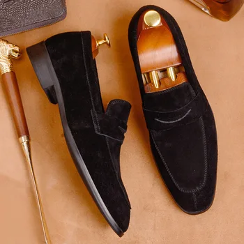 

Genuine Cow Leather Men Formal Pointed Toe Loafers Vintage Casual Office Work Shoe Italian Suede Wedding Dress Oxford Shoe EU 46