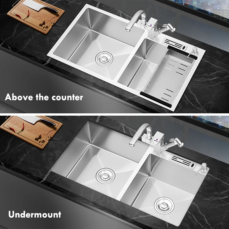 SUS304 Stainless Steel Large Kitchen Sink With Knife Holder Handmade Tank Double Bowl Basin Sink For Kitchen Fixture Accessories 5