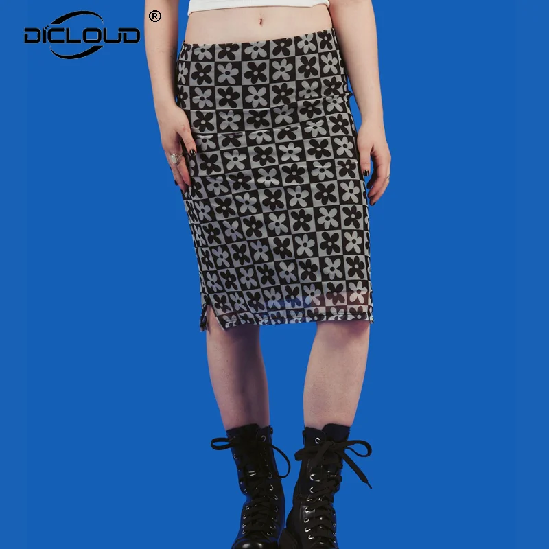Pencil Skirts Mesh 90s Vintage Harajuku Fashion Women Chic Girls High-Waist Floral Streetwear