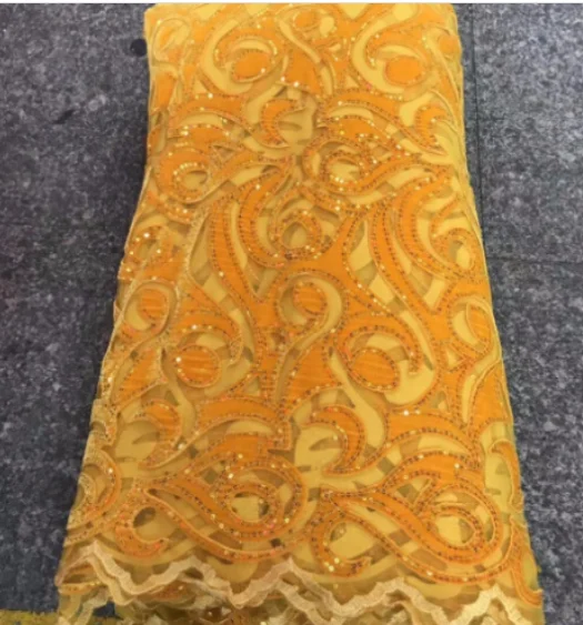 

Latest African yellow Velvet Lace Fabric 2021 High Quality Lace Embroidered French Tulle Lace Fabrics With Sequins For Party