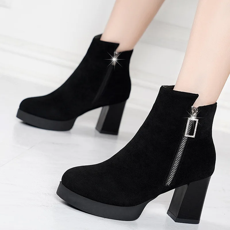 

2019 Autumn And Winter New Style Short Martin Boots Fashion WOMEN'S Boots High Heel Chunky-Heel Zipper Versatile plus Velvet Ank