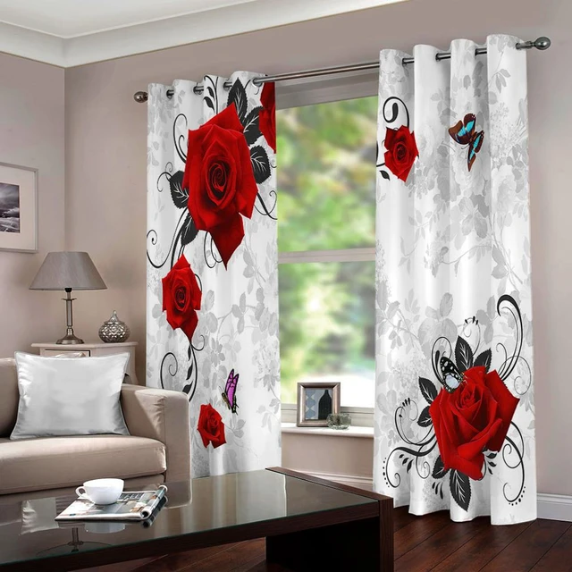 AMDXD Cortinas Habitacion Flores Gris Blanco Rojo, Cortinas