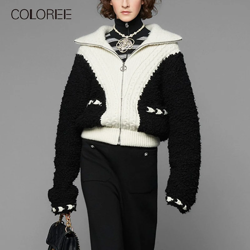 #^Special Price COLOREE 2019 Autumn Winter Women Sweater Vintage Long Sleeve Turtleneck Knitted Cardigans Casual Zippers Patchwork Sweater