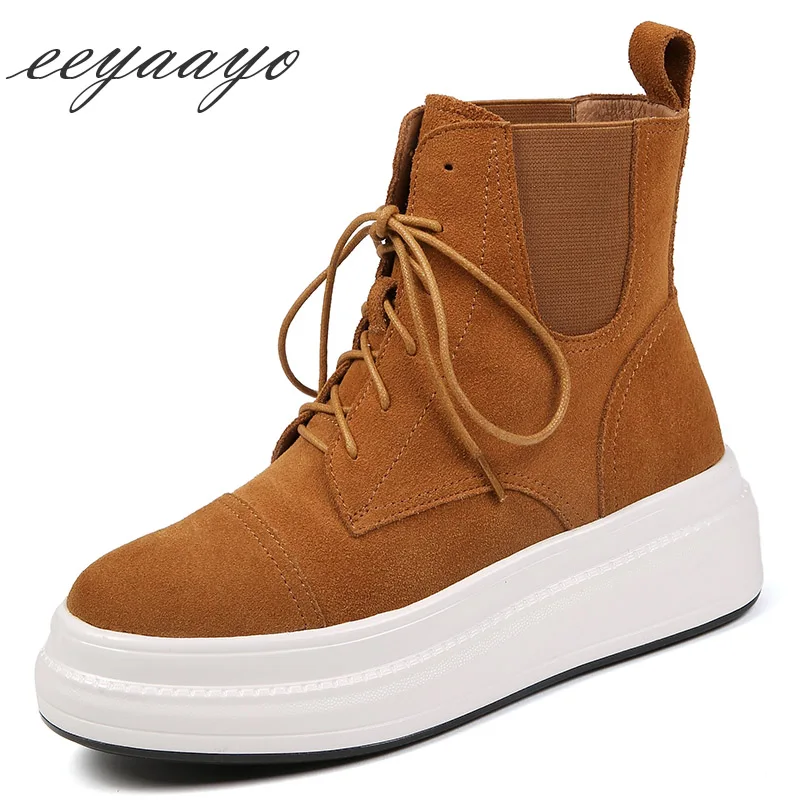 

2019 New Winter Genuine Leather Women Ankle Boots Round Toe Lace-Up Solid Causal Women Platform Shoes Yellow Female Short Boots