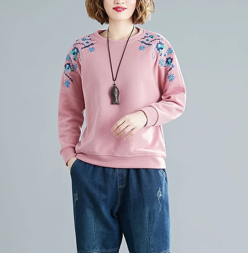 Autumn New Chinese Style Thickened Pullover Sweater Embroidery Cotton Loose Casual Tops Casual High Quality Warm Winter TA2167
