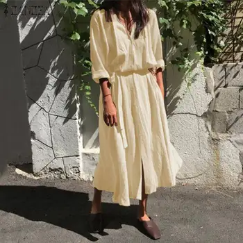 

Elegant Women's Sundress Autumn 2020 ZANZEA Plus Size Shirt Dress Long Sleeve Button Mid-Calf Vestidos Female V Neck Tunic Robe