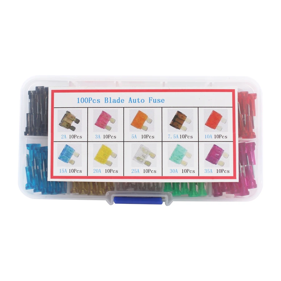 

100pcs Auto Car Truck Standard Blade Fuse 2A 3A 5A 7.5A 10A 15A 20A 25A 30A 35A 10 Value Car Fuse Blade Kit Assortment with Box