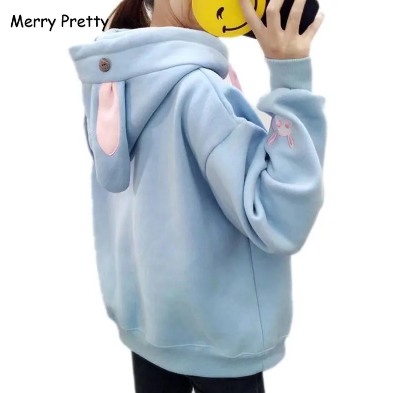  Merry Pretty Kawaii Sweet Rabbit Ears Hooded Sweatshirt Women Harajuku Cartoon Embroidery Hoodies T