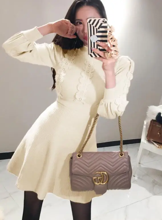 White Elegant Lantern Sleeve Draped Knitted Dress Women Lace Patchwork Petel Sweater Mini A-Line Dress Autumn Winter Sweater Dresses - Color: White
