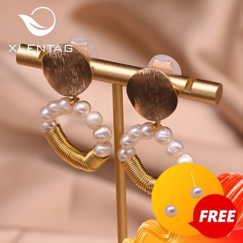 

XlentAg Minimalist Natural Pearl Hoop Pendant Clip On Earrings Women Wedding Party Metal Gifts Love Boho Fashion Jewelry GE0905