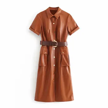

2020 New Arrival Women Summer Leather Dress Fashion With Belt Sashes Breasted Button Female Dresses Long Retro Vintage Vestidos