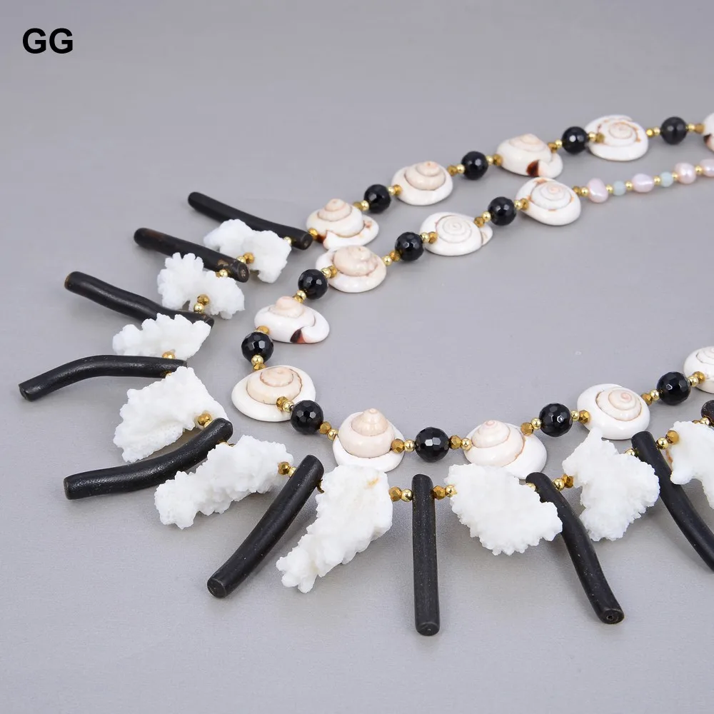 GuaiGuai Jewelry Unique Statement Necklace White Coral Black Corals Conch Shell Pearl Onyx Necklace 20" For Women image_2