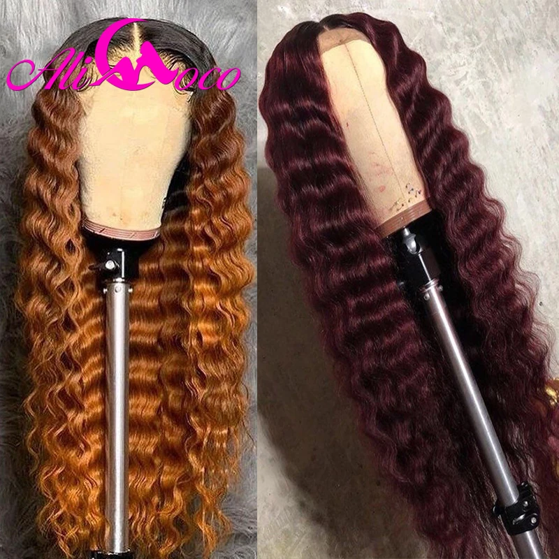 Ali Coco 13x4 99j Deep Wave Human Hair Lace Front Wigs 1B/30/Orange Ginger Ombre Color Brazilian Remy Pre Plucked |