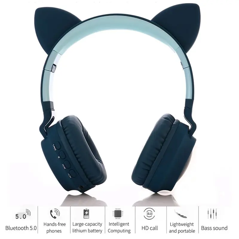 Flash LED Cat Ear Wireless Headphones Bluetooth 5 0 Foldable Support TF Card Pluggable line 3 5mm With Mic Adult Kids Universal