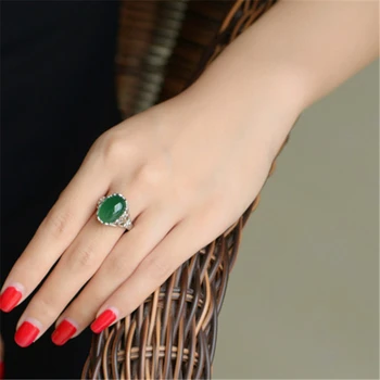 

925 Silver Color Jewelry Emerald Ring for Women Green Topaz Agate Bizuteria Emerald Retro Jade Gemstone S925 Ring with Box