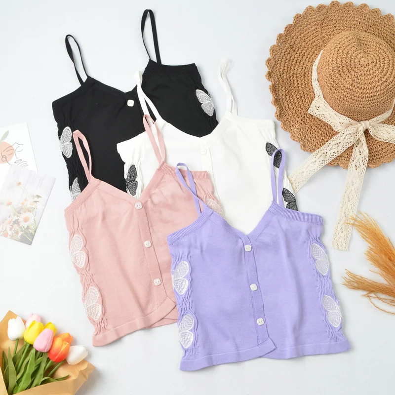 

European and American-Style Explosion Models Butterfly Embroidered Knitted Slim-Fit Women's Camisole Top