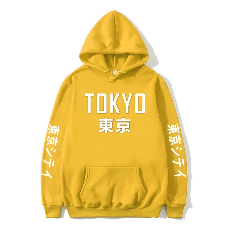 

Japan style hooded hoody Japanese letter print hoodies yellow blue spring autumn casual cute big pockets Drawstring Sweatshirts