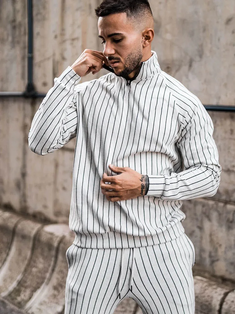 Mens Hoodie Jacket Jogger Tracksuit Set Designer Italian Stripe Stretch Zip  Up