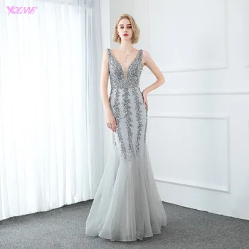 

YQLNNE 2020 Deep V Neck Long Mermaid Evening Dress Silver Crystals Sequined Backless Evening Gowns Sleeveless