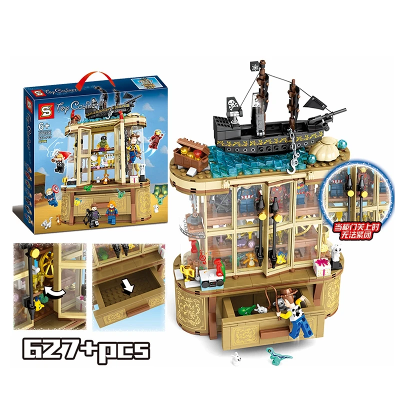 

New 627pcs collection cabinet toy display cabinet HuDi Story children toys assembled building blocks Model Children Gift