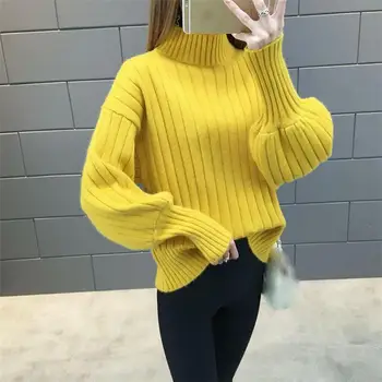 

Winter Women Casual Knitted Sweaters Slim Lantern Sleeve Stand Collar Warm Pullover O-Neck Female Solid Oversizd Sweater