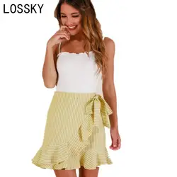 Женская летняя повседневная юбка с бантом и оборками, полосатая бандажная мини-юбка, пляжные Облегающие юбки 2019, Новая Модная элегантная