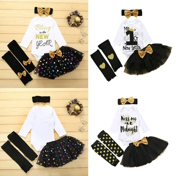 

My First New Year Cotton Bodysuit Romper Newborn Baby Girl Clothes Winter Sequins Bow Girls Tulle Skirt Leg Warmers Headband Set