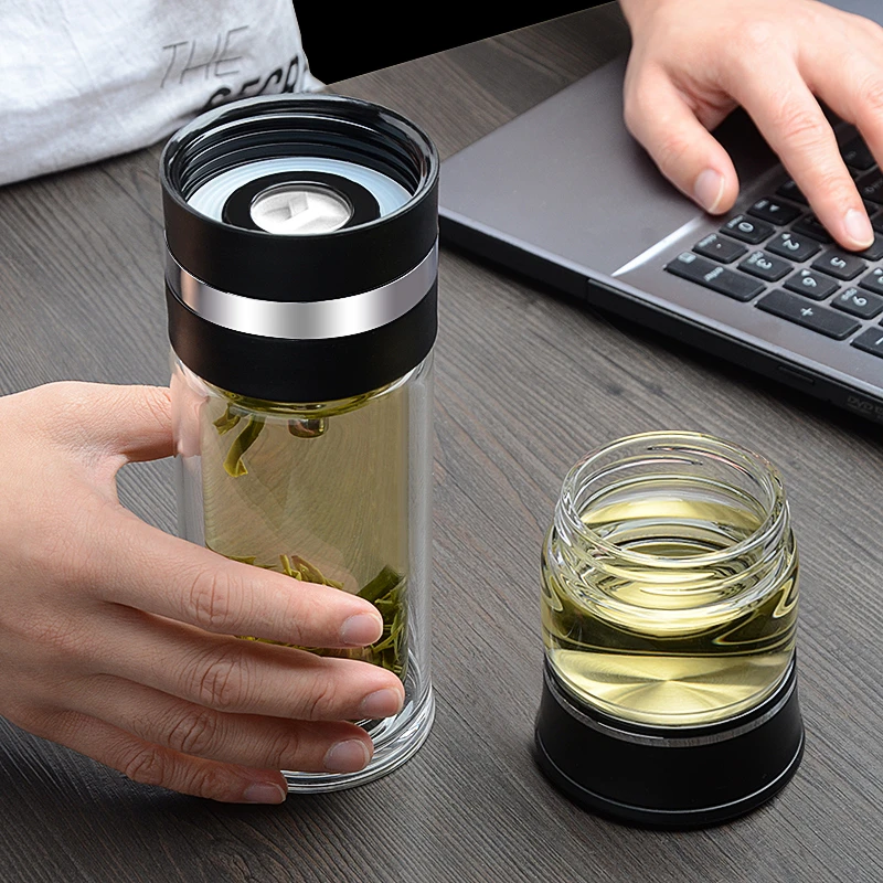 

Creative Double Wall Borosilica Glass Tea Infuser Bottle With Stealth Handle Lid Filter Automobile Cup Rotating Tumbler Portable