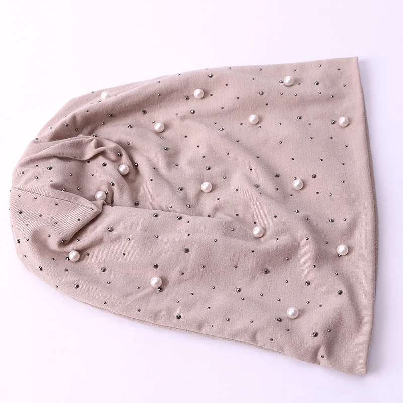 Women Pearl Beanie Hat Headgear Solid Color Pearl Cap Autumn Winter Hats For Female Bonnet Fashion Knitted Autumn Outdoor Beanie knitted hat winter hats