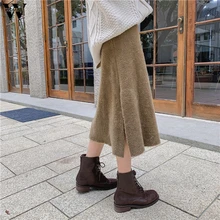 Женская новая Теплая юбка, Женская Весенняя Золотая Бархатная плиссированная юбка, эластичная высокая талия, сексуальная модная плиссированная юбка с разрезом, юбки до середины икры