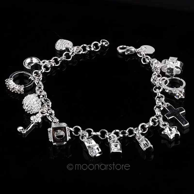 Новое поступление, женские милые кольца с 13 подвесками, сердце, крест, звезда, Посеребренная манжета, браслет, ручная цепочка, модное ювелирное изделие для женщин, подарок