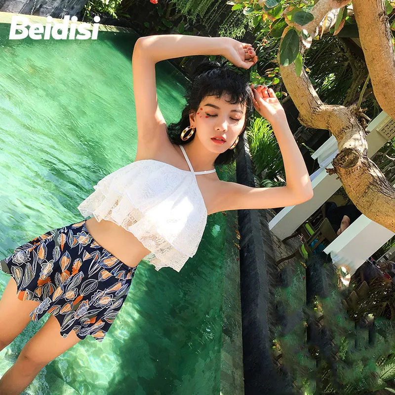 

Betis Bathing Suit Women's Split Type Three-piece Set Skirt Belly Covering Slimming Conservative Boxers Hot Springs Swimwear New