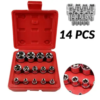 

14pcs 1/2 1/4 3/8 Inch Driver E Torx Star Bit Chrome Socket Set Tools W/ Storage