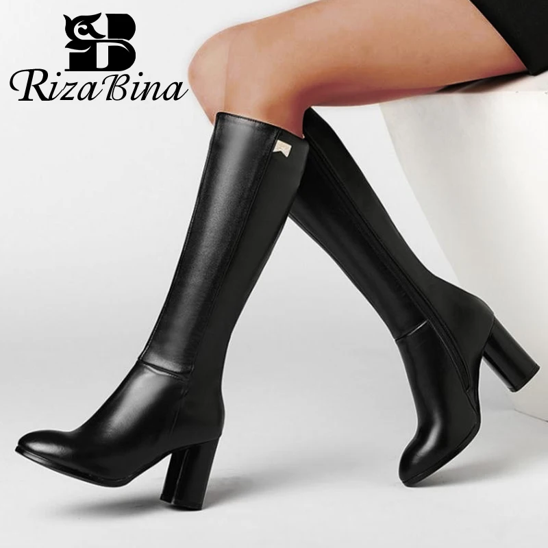 RizaBina/женские сапоги на высоком каблуке; зимняя женская обувь из натуральной кожи; сапоги до колена на толстом каблуке; модные теплые высокие сапоги; Размеры 33-45