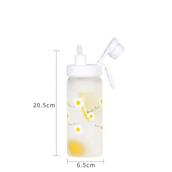 500ml Kawaii Small Daisies Milk Water Bottle With Straw Portable Leakproof Frosted Glass Fashion Cute Drinking Coffee Cup