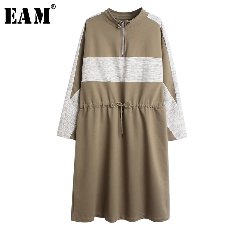 

[EAM] Women Mixed Color Drawstring Spliced Dress New Stand Neck Long Sleeve Loose Fit Fashion Tide Spring Autumn 2019 1B026