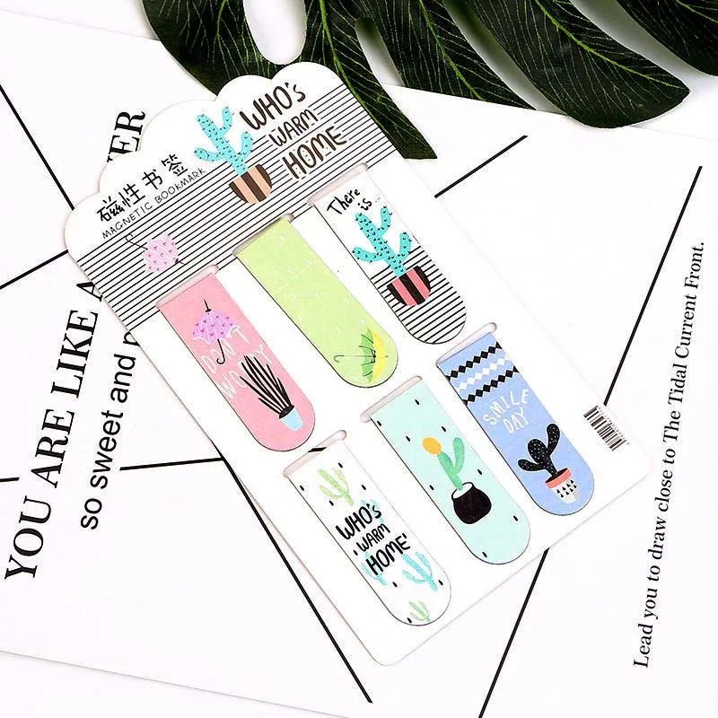 6 шт./компл. кота кактуса печати магнитные закладки симпатичный книги маркер страницы для бизнес планирования школьные принадлежности канцелярские товары файлы бумага для органайзера зажим