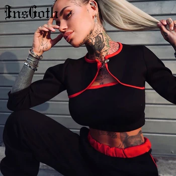 

InsGoth Vintage Black Crop Tops Women Gothic Dark Cheongsam Neck Parchwork Bodycon Long Sleeve Hollow Out Female Short Tops