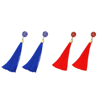 

2 Pair Women Long Earrings Hanging Bohemian Large Tassel Earring Ethni, Red & Royal Blue