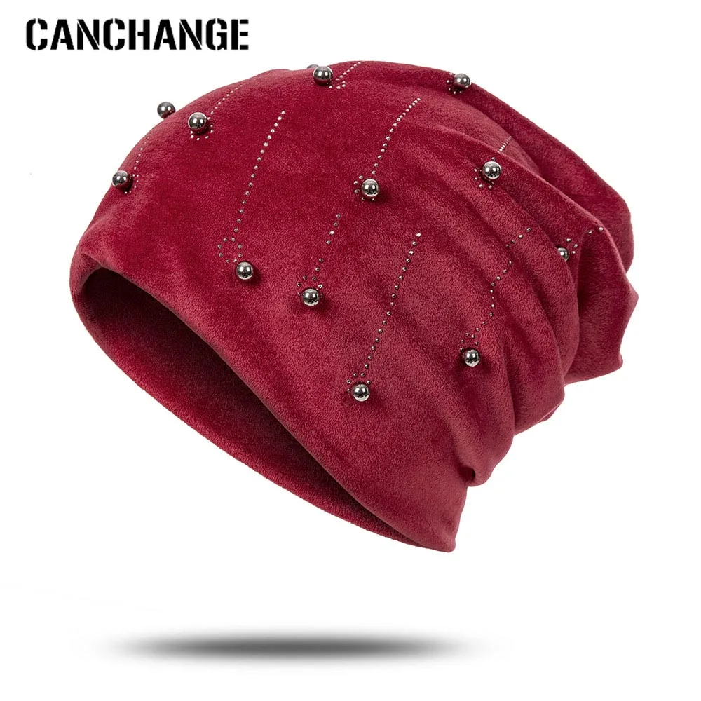 Женская зимняя шапка с жемчугом, бархатная, мягкая, теплая, на ощупь, повседневная шапка, плюшевый материал, Skullies Beanie, высокое качество, роскошная шапка